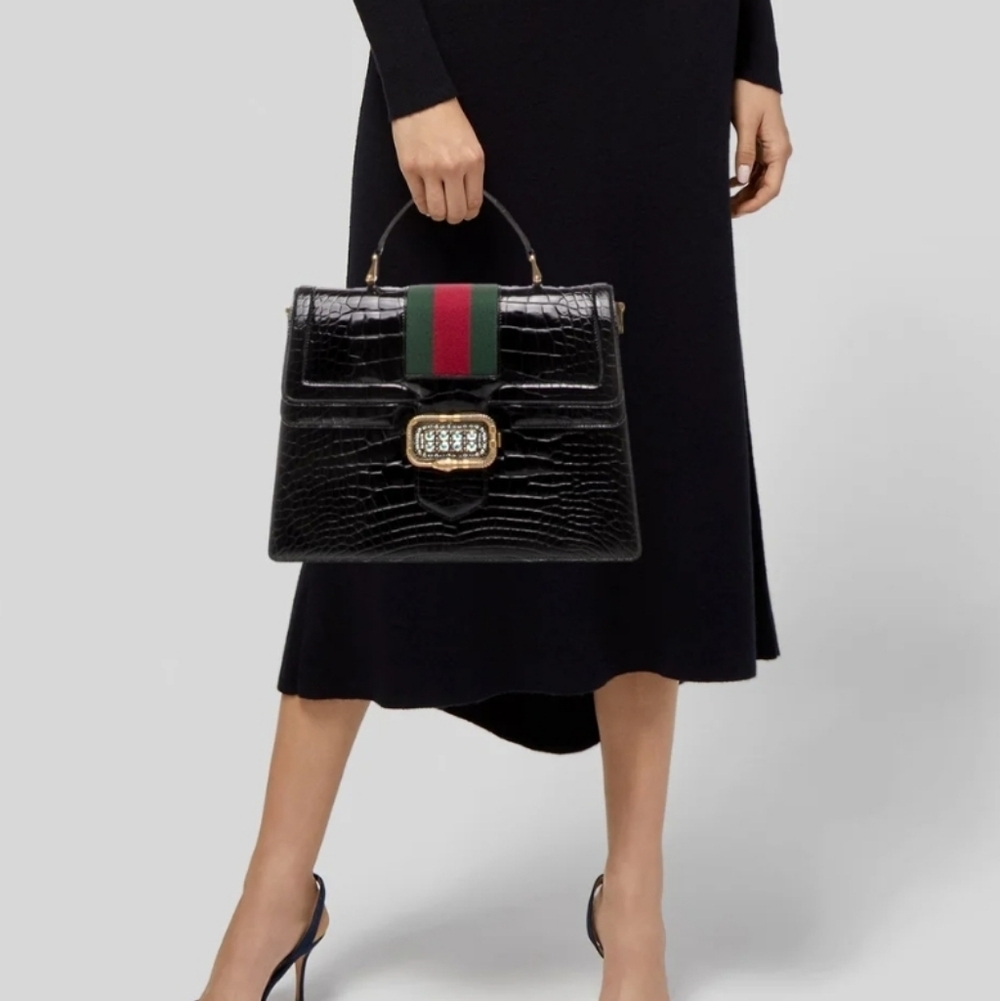 Gucci Web Top Handle Bag Medium Black Crocodile